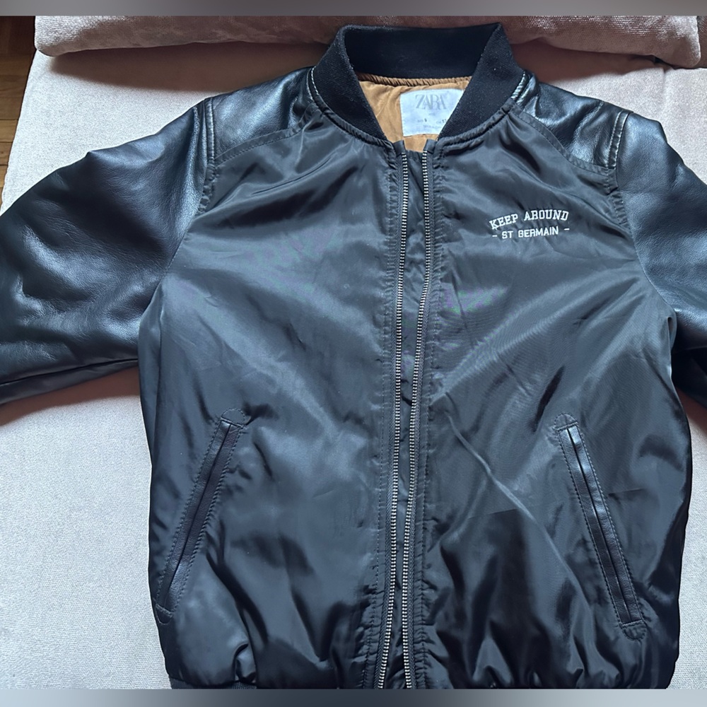Zara Unisex Black Bomber Jacket with Embroidered Detail